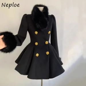 Neploe Elegante piccolo profumo Celebrity Cappotto ampio Moda Lana Inverno Stile francese Miscele vintage Vita sottile Capispalla di media lunghezza 1