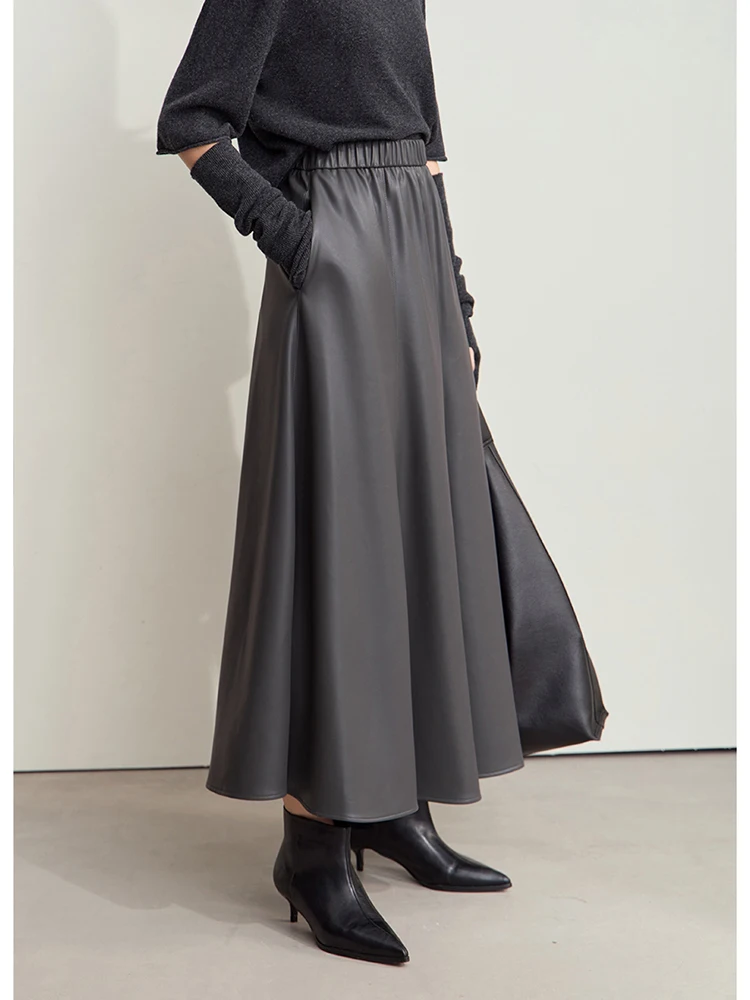 AMII minimalista pendolare Chic gonna per le donne 2024 inverno PU elastico in vita in pelle Multi-pezzo Patchwork gonna ombrello 12444168 3
