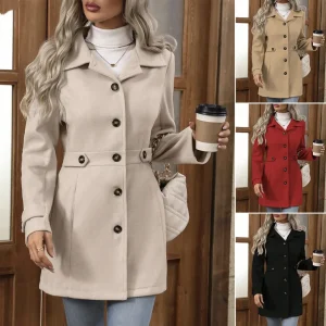 Autunno/Inverno Nuova moda transfrontaliera da donna lusinghiera vestibilità ampia con risvolto dentellato giacca di lana di media lunghezza multi-bottone a fila singola 1