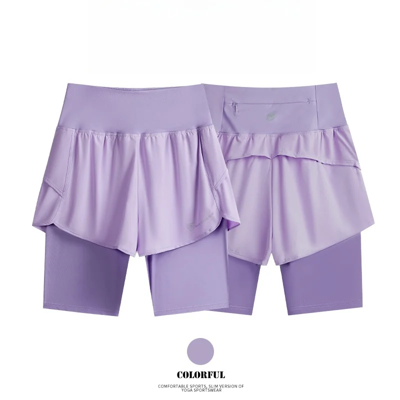 DRUR Pantaloncini da yoga Donna Estate Falsi pantaloncini da palestra larghi a vita alta in due pezzi con tasca Abbigliamento da corsa fitness leggero da donna 2