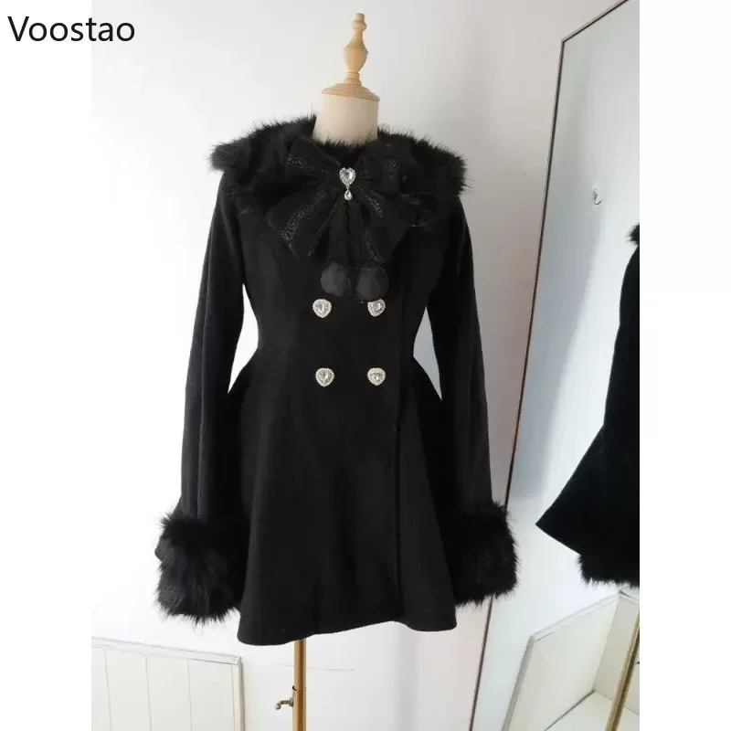 Cappotto di lana Lolita giapponese Kawaii autunno inverno donna dolce fiocco giacca sottile in peluche abito caldo stile coreano femminile soprabito carino 6