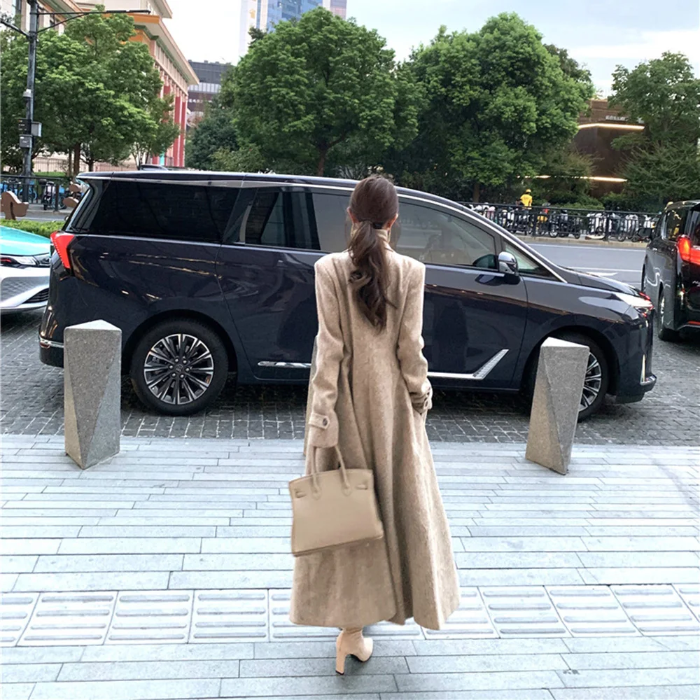 FZCSPEED Trench lungo da donna Colletto rialzato Cappotto in lana Cappotto doppiopetto alla moda per pendolari in vita Cachi 6