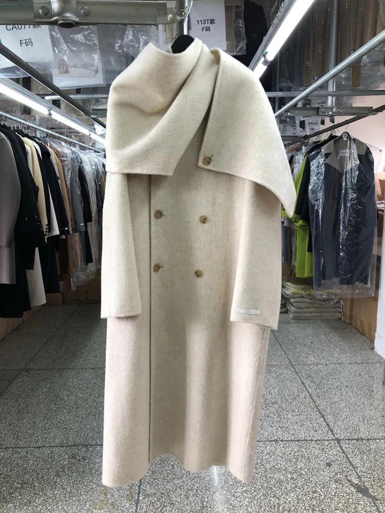 Elegante cappotto in lana doppio petto con colletto a sciarpa grande Giacca invernale in cashmere alla moda coreana allentata da donna 1
