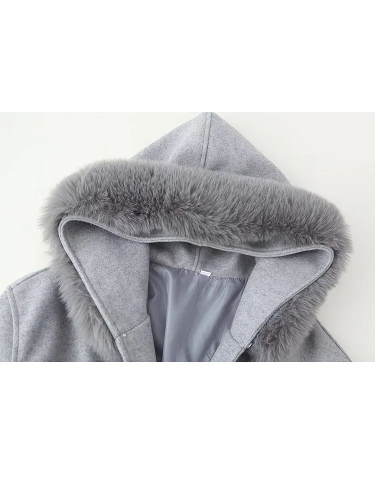 HH Cappotti invernali grigi da donna Collo in pelliccia Maniche lunghe Tasche Decorazione con lacci Giacche corte larghe casual di nuova moda femminile 6