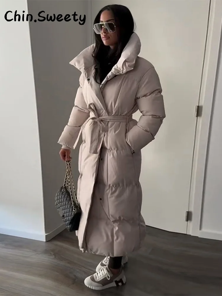 Cappotto lungo in cotone con cappuccio trapuntato imbottito da donna caldo Colletto alla coreana solido allentato Cappotti con cerniera con lacci 2025 Capispalla invernale da donna 6