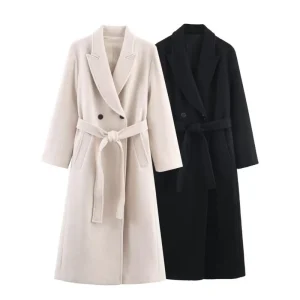 Cappotto lungo da donna in lana autunnale con cintura Colletto rovesciato casual Manica lunga doppiopetto Capispalla femminile chic 1