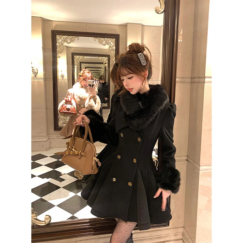Cappotti vintage in misto lana nera da donna Elegante giacca di lana con colletto finto Capispalla coreano a maniche lunghe Cappotto invernale di design Nuovo 5