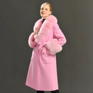 Jxwatcher Cappotto in lana cashmere double face con vera pelliccia di volpe 2025 Cappotti invernali da donna Cintura da donna da ufficio Giacca lunga elegante sottile Nuovo 1