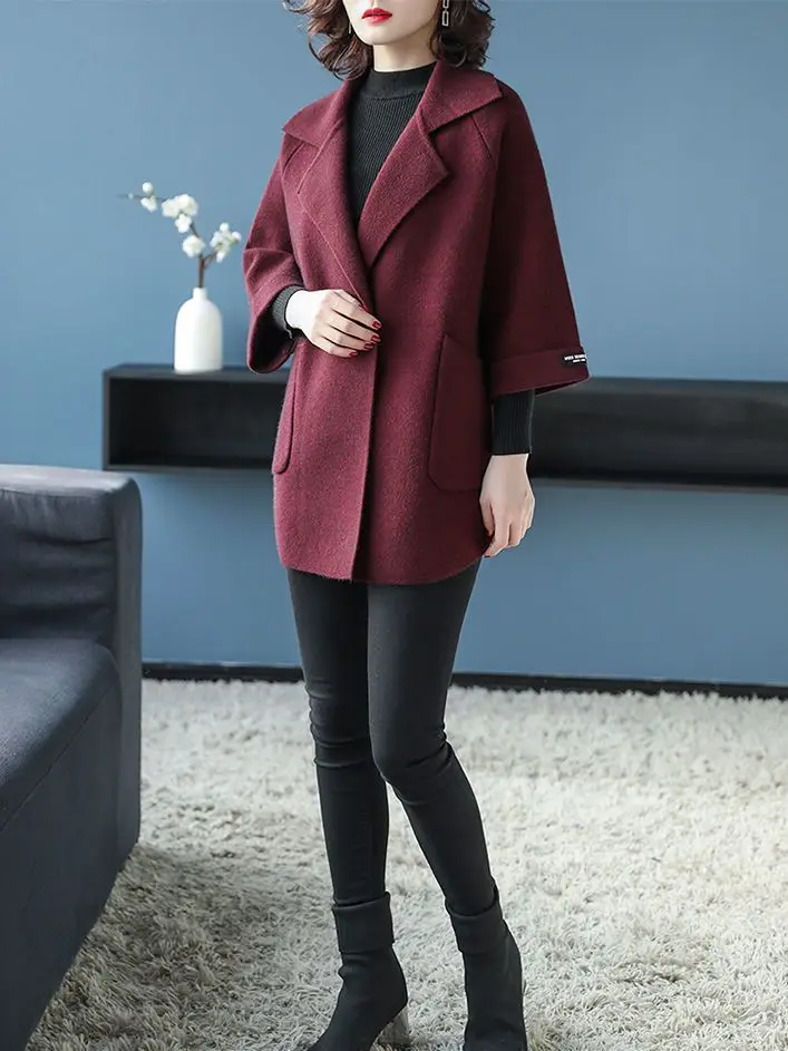 Cappotto di fascia alta in lana per giacca ampia da donna con maniche a 7 quarti di media lunghezza taglie forti 6