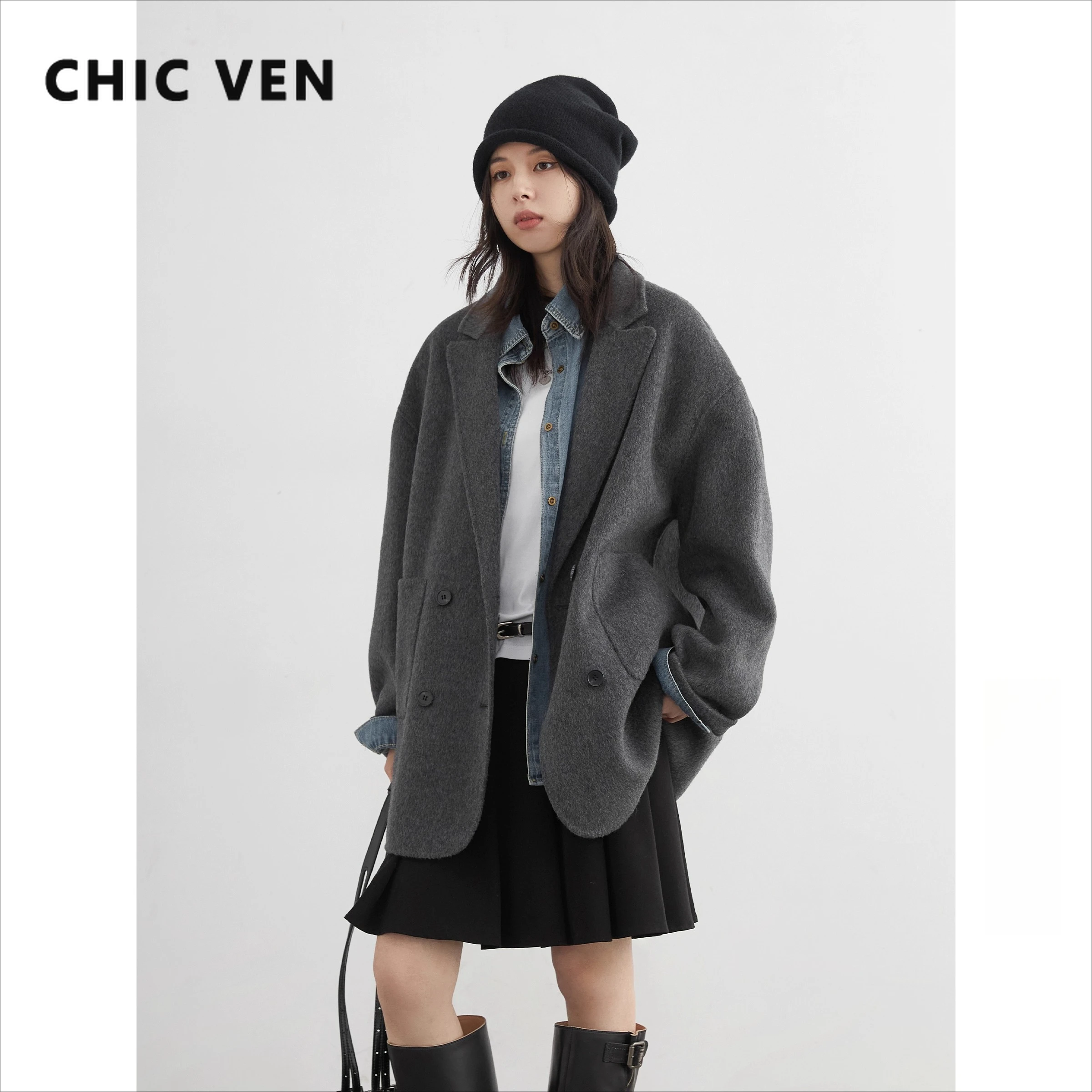 CHIC VEN Moda Donna Cappotto di lana Solido di media lunghezza Double-sided Giacche da donna oversize Capispalla femminile Autunno Inverno 2025 1