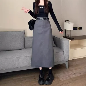 Abito casual grigio Minigonna a linea A Vita alta Sottile Lunghezza gamba dritta a metà polpaccio Decorazione con cerniera per nascondere l'anca divisa 1