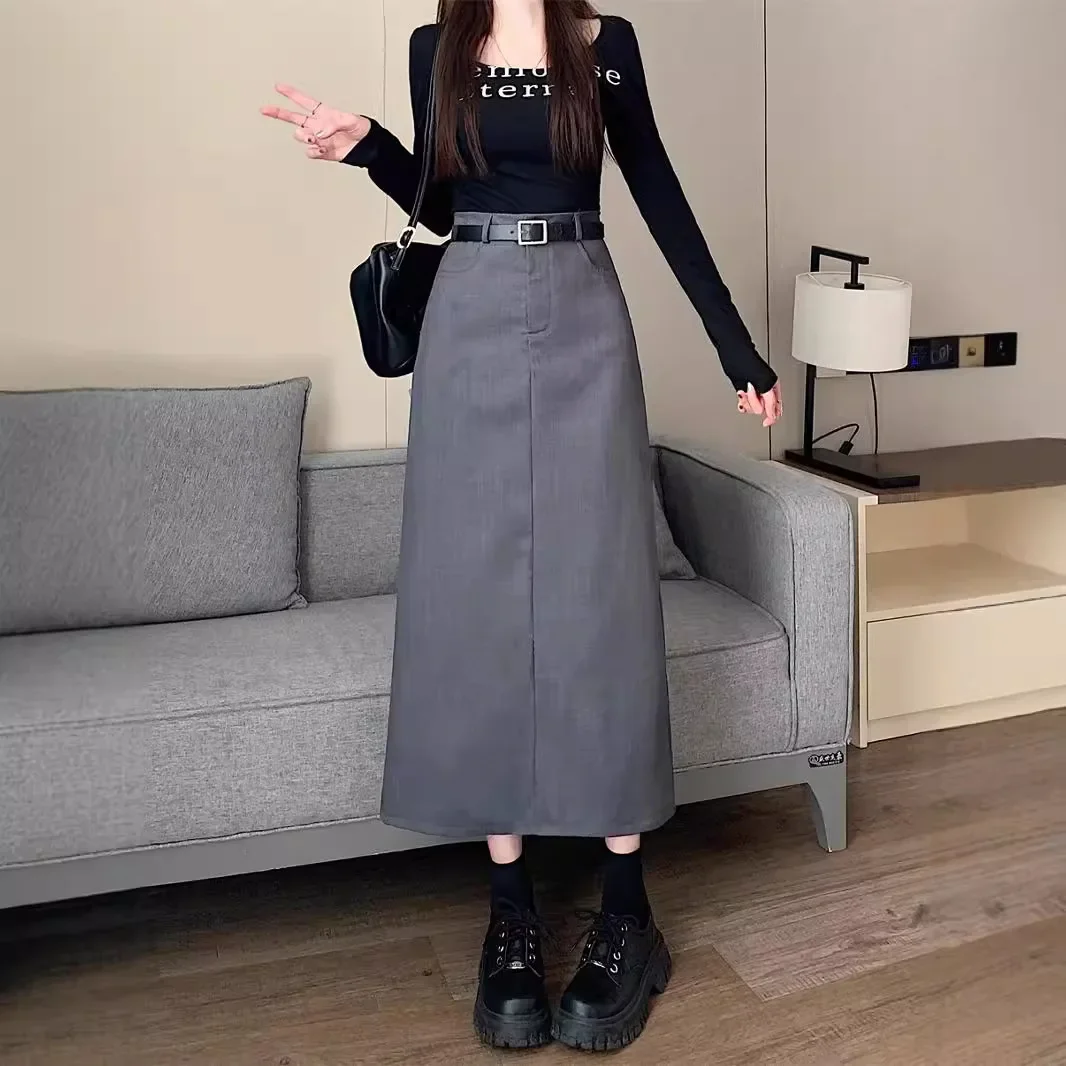 Abito casual grigio Minigonna a linea A Vita alta Sottile Lunghezza gamba dritta a metà polpaccio Decorazione con cerniera per nascondere l'anca divisa 1