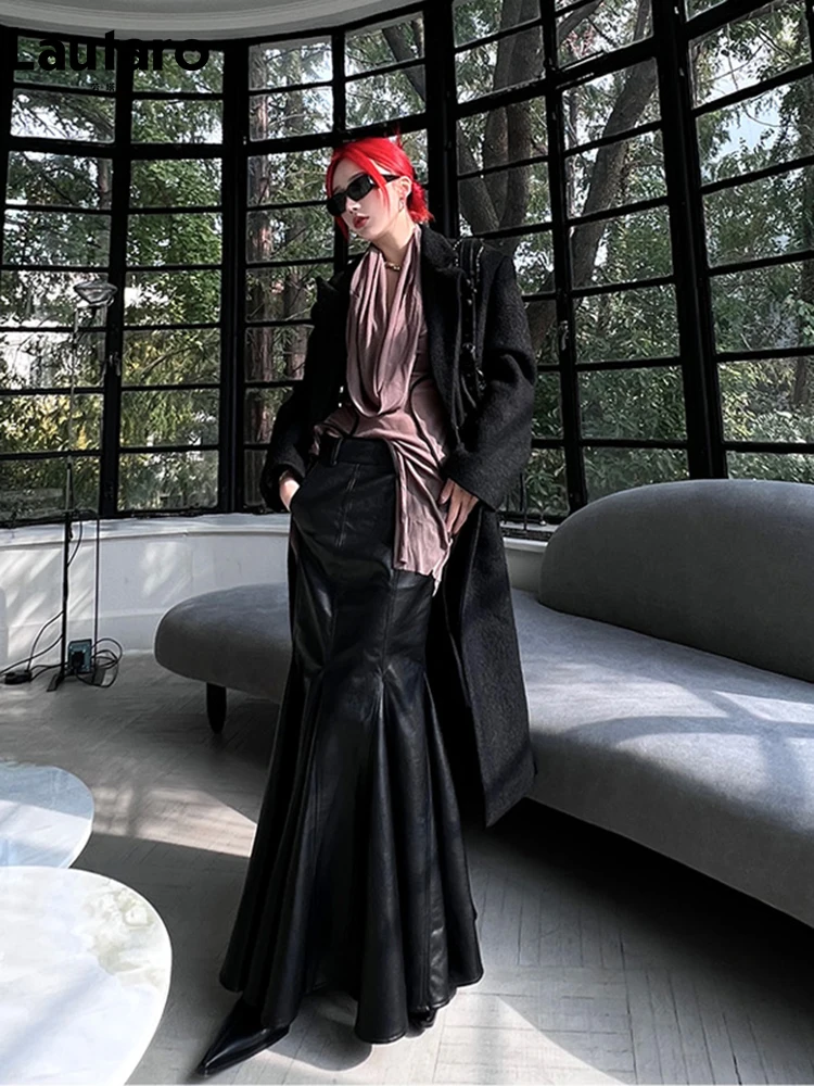Lautaro primavera autunno Chic elegante nero morbido in pelle Pu Midi gonna a sirena donna vita alta lunghi vestiti firmati di lusso 2023 6