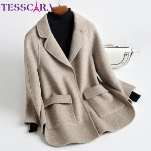 TESSCARA Delle Donne di Autunno e di Inverno Morbido Cashmere Cappotto del Rivestimento di Base Femminile Misto Lana Cappotto Ufficio Mantello Giubbotti Tuta Sportiva & Cappotti 1