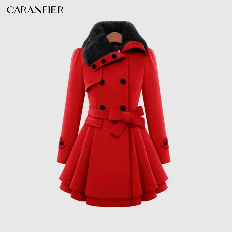 CARANFIER Cappotto da donna Nuovo stile Europa e America Abito da DONNA Slim Fit Lungo doppio petto Cappotto spesso con orlo Giacca di lana 2