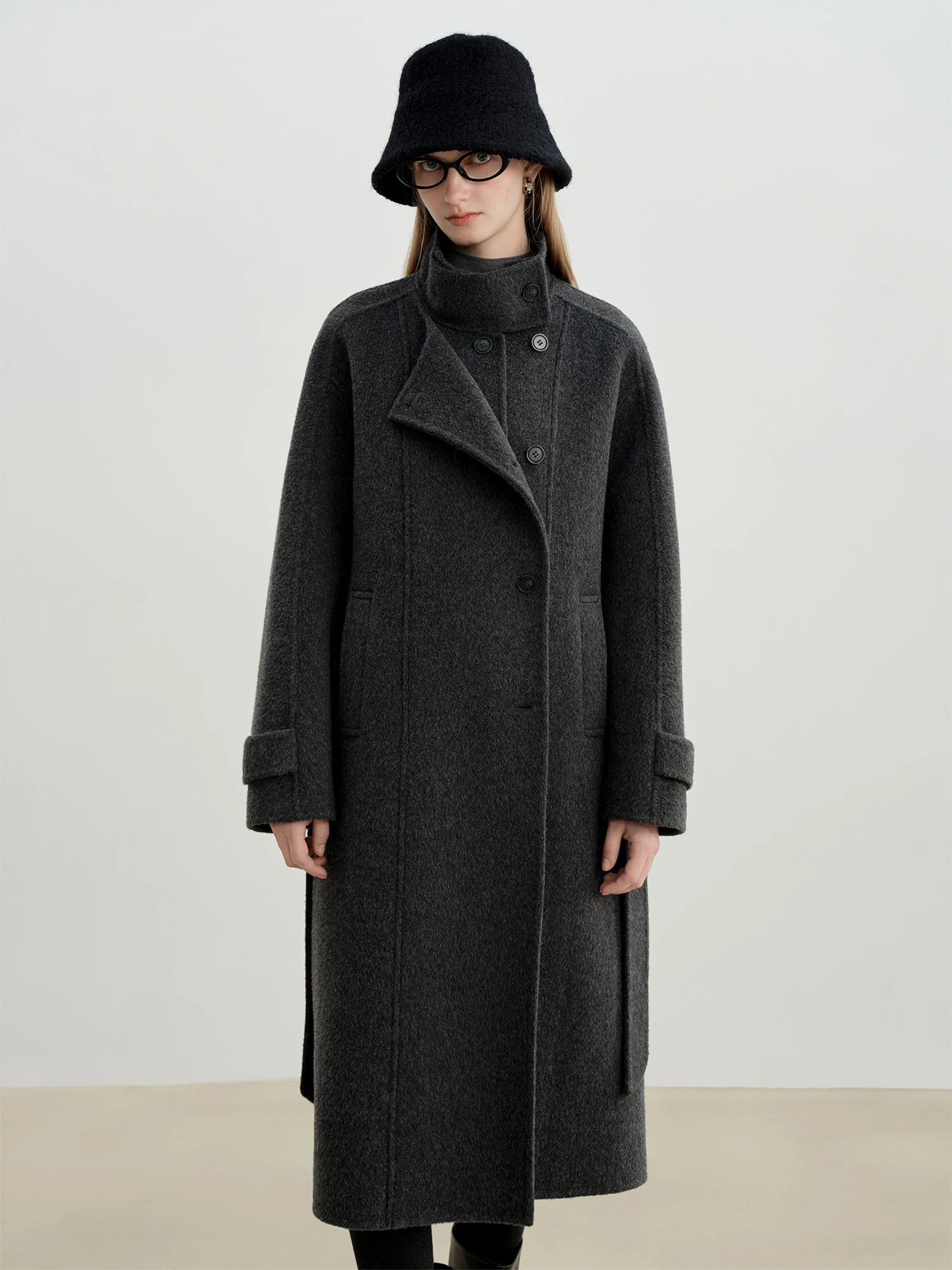 ZIQIAO Cappotto di lana con colletto alla coreana a doppia parte anteriore per donna 2025 Inverno Nuovo cappotto di media lunghezza Temperamento Elegante Vinatge Stile francese 3
