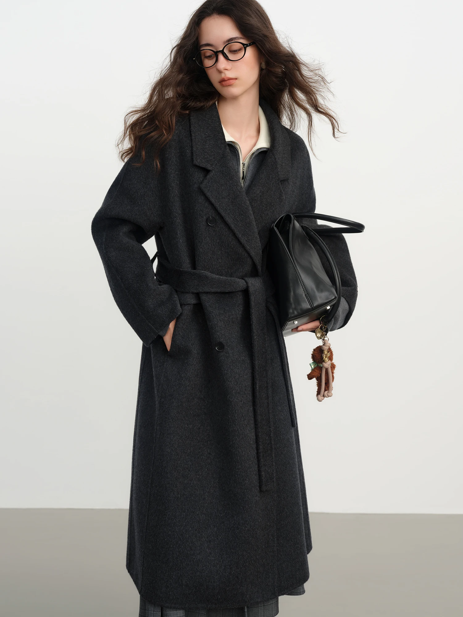 FSLE Cappotto di lana con colletto doppiopetto in cashmere Donna 2025 Pendolarismo invernale Cappotto semplice pigro allentato casual azzurro 3