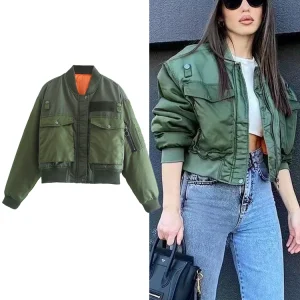 Giacca da aviatore moda donna verde militare scollo rotondo manica lunga tasche funky giacca donna autunno e inverno ispessito giacca corta donna calda 1