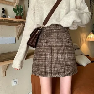 Minigonna in vita elastica scozzese primavera estate Donna Gonna corta a vita alta sottile di piccole dimensioni anti-luce Stile retrò alla moda 1