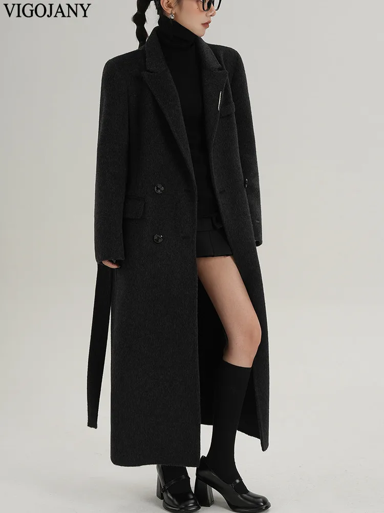 Cappotto lungo da donna invernale con colletto couverture in lana naturale 100% 2025 Giacca elegante in cashmere a maniche lunghe Cappotto casual in lana nera con bottoni 5