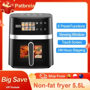 Patbrela Friggitrice ad aria da 5,5 litri Forno elettrico caldo 8 in 1 con schermo LED digitale Finestra visibile Max 200 ° C 1350W Nuova friggitrice nera senza grassi 1