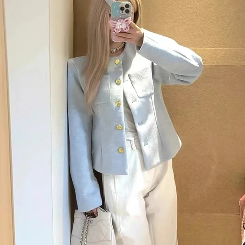 Cappotti corti chic blu francesi da donna elegante giacca da ufficio con piccola fragranza manica lunga o collo bottoni casual top slim delicati 3