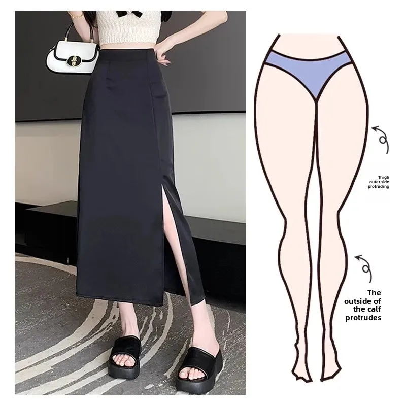 Gonna longuette a vita alta per donna Nero asimmetrico dimagrante Estate Nuova spacco laterale A-Line Fibra di poliestere Colore puro Nessuna decorazione 4