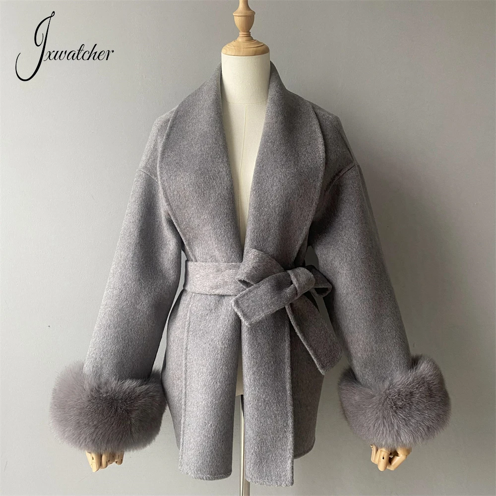 Jxwatcher Cappotto di lana da donna con polsini in vera pelliccia di volpe Cintura elegante da donna Capispalla sottile Autunno Inverno Cappotti di lana di fascia alta 2024 Nuovo 1