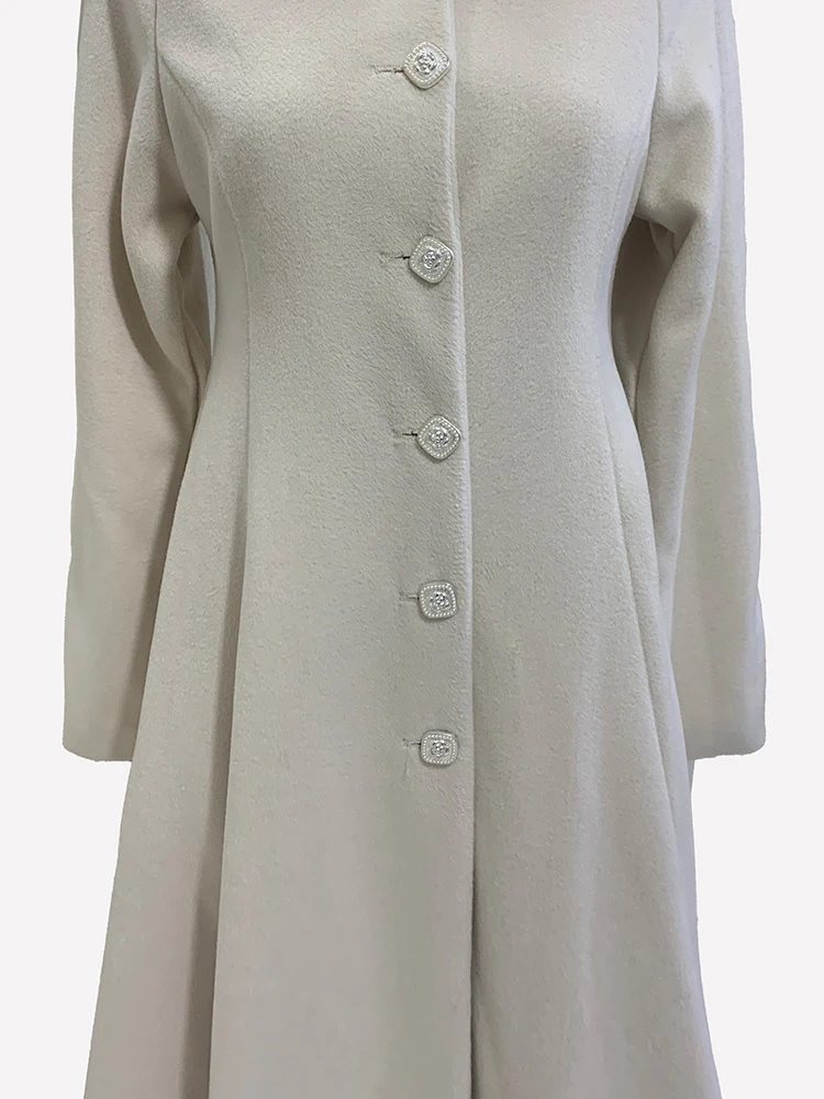 Nerazzurri Autunno Inverno Cappotto di lana lungo spesso caldo con gonna morbida da donna Cappotto monopetto elegante e svasato di lusso 6