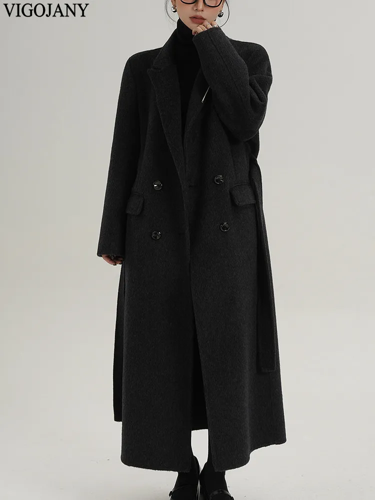 Cappotto lungo da donna invernale con colletto couverture in lana naturale 100% 2025 Giacca elegante in cashmere a maniche lunghe Cappotto casual in lana nera con bottoni 2