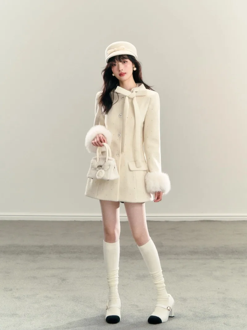 Francese elegante nuove donne top cappotti papillon o collo manica lunga vita alta sottile monopetto una linea misto lana cappotti giacche 3