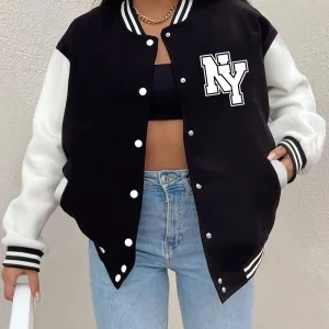 Cappotti con stampa di lettere di New York Maglia da baseball invernale comoda da donna in pile caldo e morbido Giacche casual da donna tascabili 1