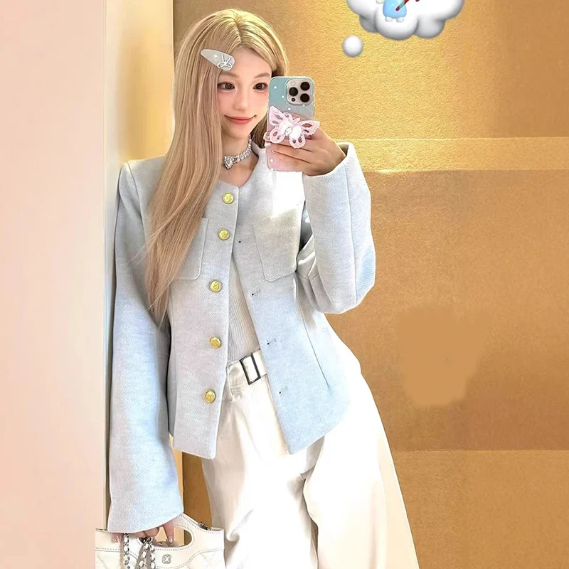 Cappotti corti chic blu francesi da donna elegante giacca da ufficio con piccola fragranza manica lunga o collo bottoni casual top slim delicati 1