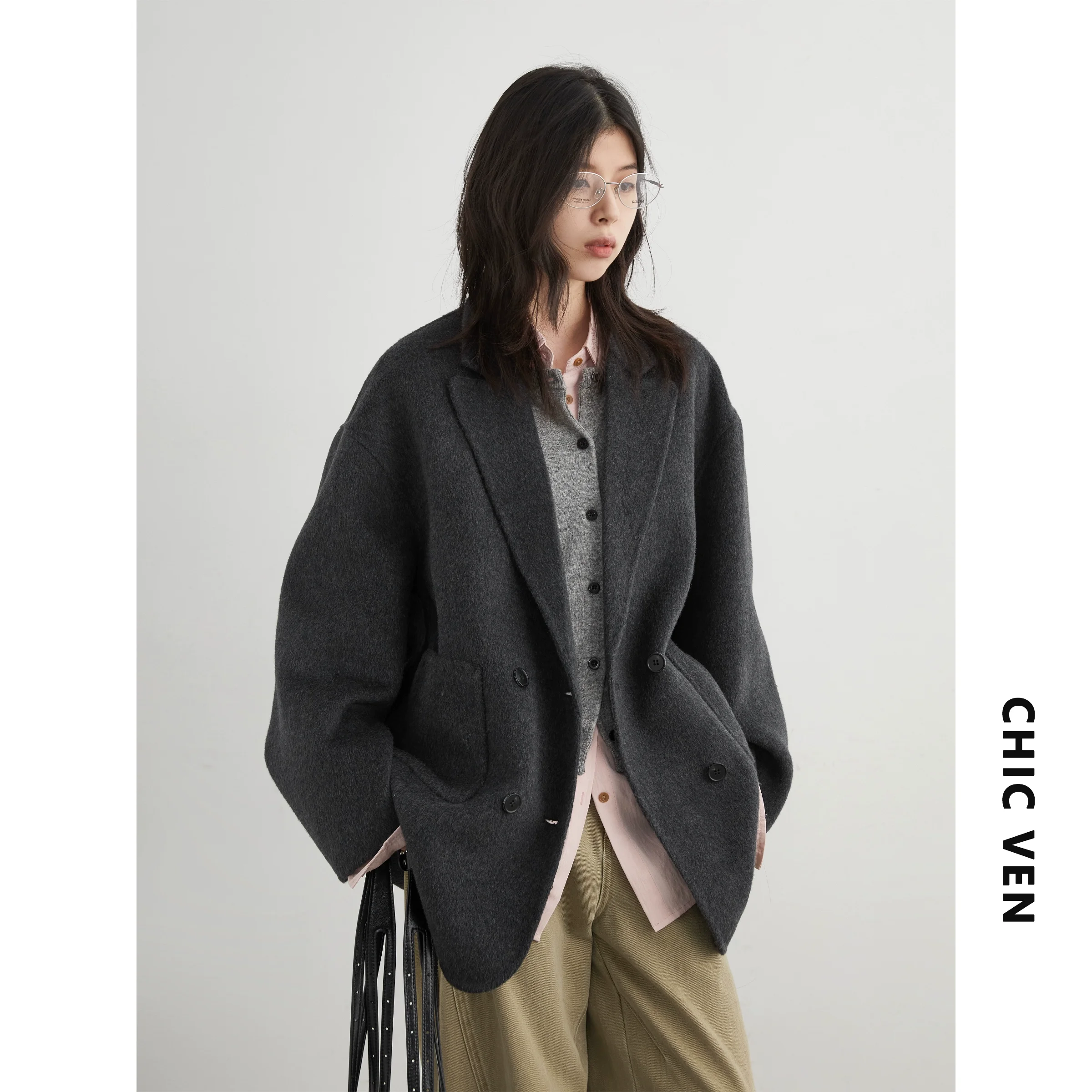 CHIC VEN Moda Donna Cappotto di lana Solido di media lunghezza Double-sided Giacche da donna oversize Capispalla femminile Autunno Inverno 2025 6