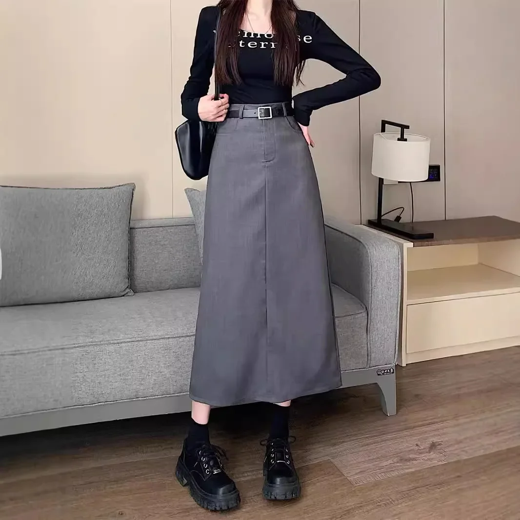 Abito casual grigio Minigonna a linea A Vita alta Sottile Lunghezza gamba dritta a metà polpaccio Decorazione con cerniera per nascondere l'anca divisa 4