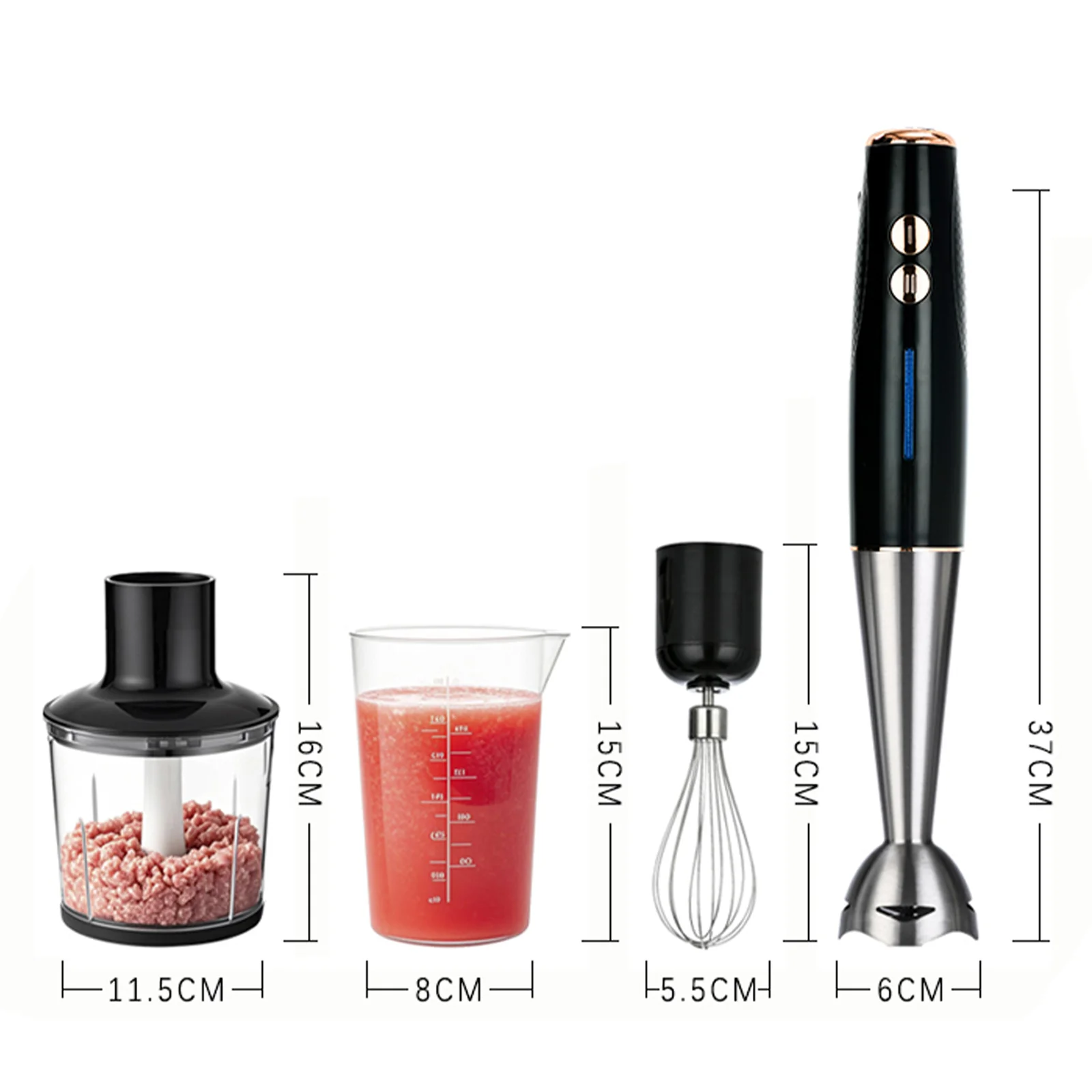 Frullatore manuale multifunzione 5 in 1 da 400 W, 16500 giri/min con frusta, tritatutto, montalatte e bicchiere senza BPA per zuppe, alimenti per bambini, frullato 5