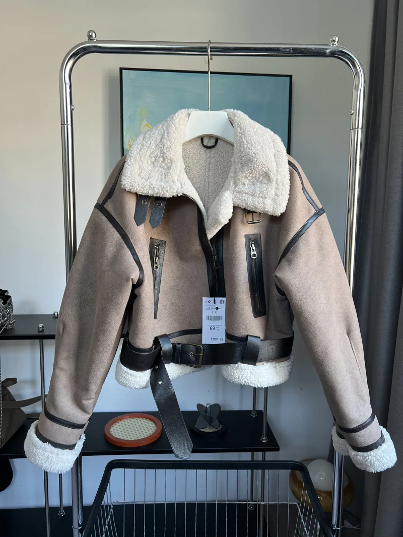 ETJ 2025 Nuovo cappotto da donna in pelle di pecora sintetica Bomber termico ispessito Y2K risvolto moda invernale vintage 5