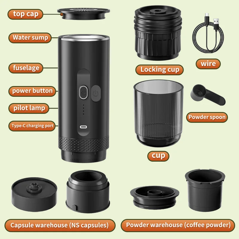 Caffettiera elettrica portatile a capsule Caffettiera per caffè espresso Pompa di riscaldamento senza fili Pressa Caffettiera da viaggio e per auto Caffettiera 3 in 1 6