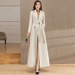 Nuovo Donne Lungo Cappotto di lana bianco Autunno Inverno Elegante Colletto del vestito Cintura Vita sottile Cappotto in misto lana Moda Lunghezza eccessiva Cappotto 1