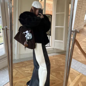 Lautaro Gonna dritta lunga fino al pavimento in pelle PU patchwork bianco e nero primaverile da donna con vita elastica con coulisse sul retro 1