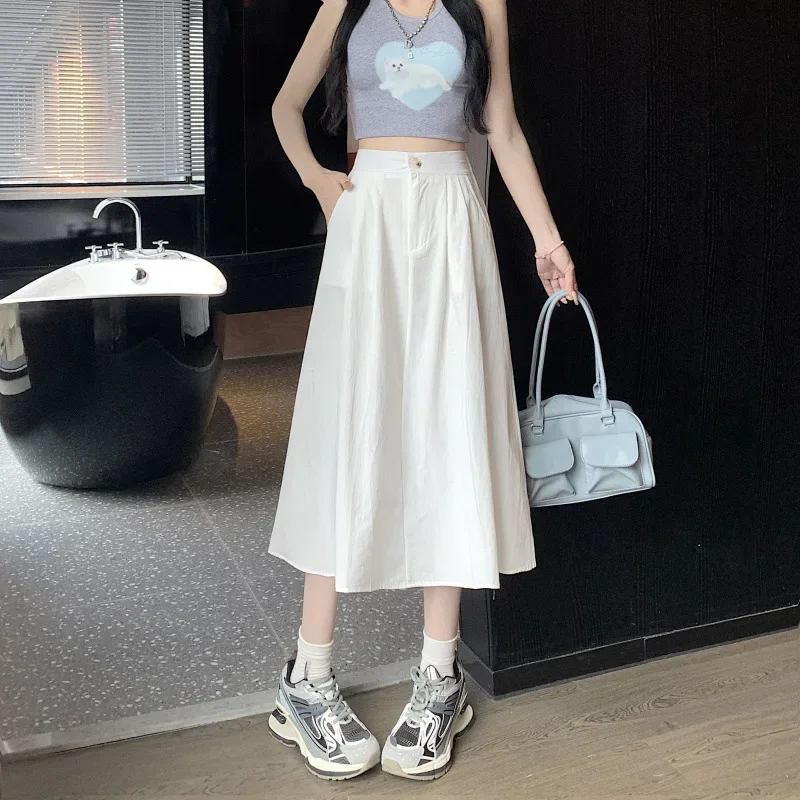 Gonna lunga a trapezio Abito da donna Arte semplice Gonna ombrello sottile a vita alta Gonna a forma di pera Gonna a forma di parola Primavera Estate 1