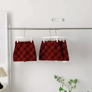 Minigonna scozzese a vita alta Autunno Inverno Gonna a trapezio in lana Gonna corta Gonna a metà corpo con griglie rosse retrò Taglia piccola 1