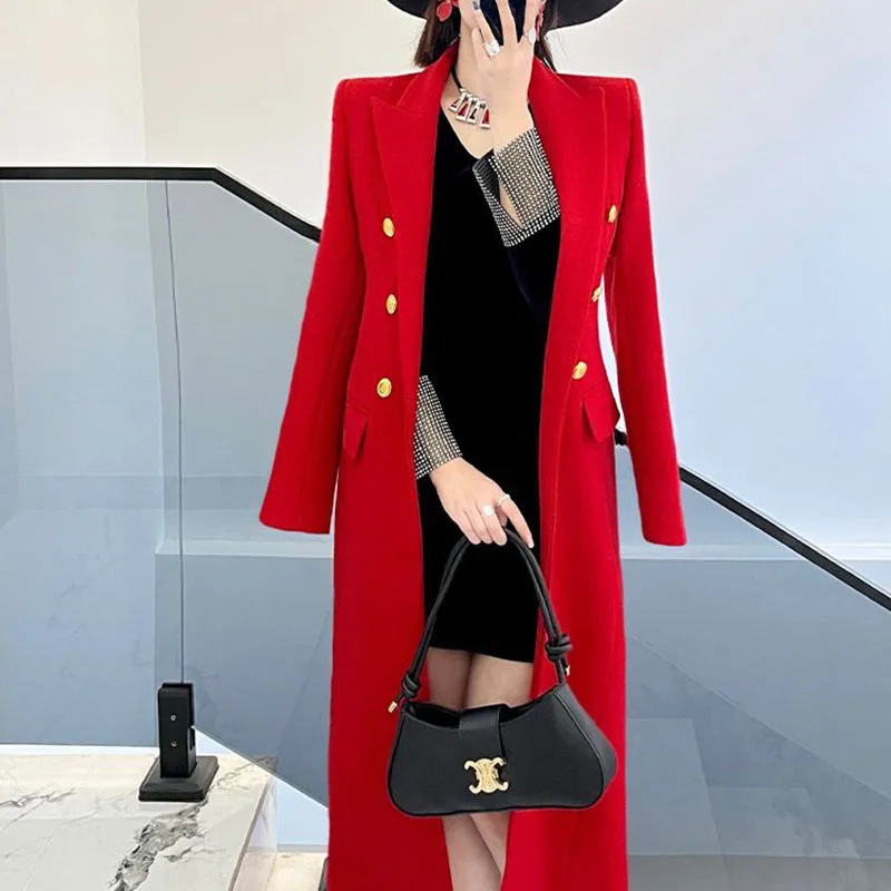 Cappotto di lana da donna con risvolto elegante alla moda autunno inverno 2025 Cappotto di lana da donna doppiopetto spesso rosso di alta qualità H468 2