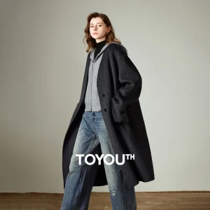 TOYOUTH Cappotto di lana da donna 2025 Inverno Nuovo scollo a V di media lunghezza Cappotto da donna retrò Cammello Nero Grigio 1