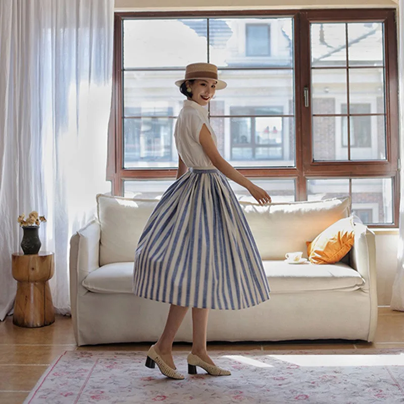 Gonna vintage a righe blu 2025 Tendenze della moda estiva Gonna altalena a vita alta Vacanza Abbigliamento casual da donna 6