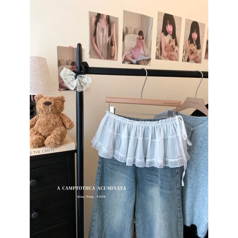 Gonna in pizzo floreale bianco Mezza lunghezza Primavera Estate Stile balletto da donna Dolce nodo a farfalla Cravatta Capispalla Gonna a trapezio sovrapposta 1