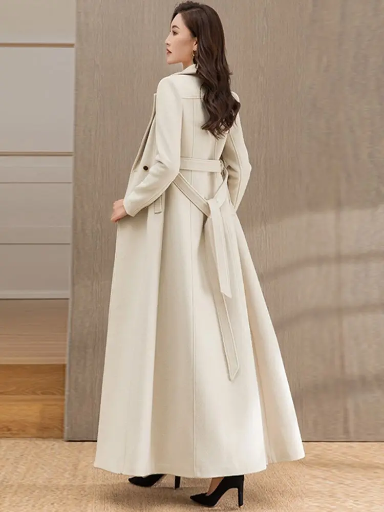 Nuovo Donne Lungo Cappotto di lana bianco Autunno Inverno Elegante Colletto del vestito Cintura Vita sottile Cappotto in misto lana Moda Lunghezza eccessiva Cappotto 2
