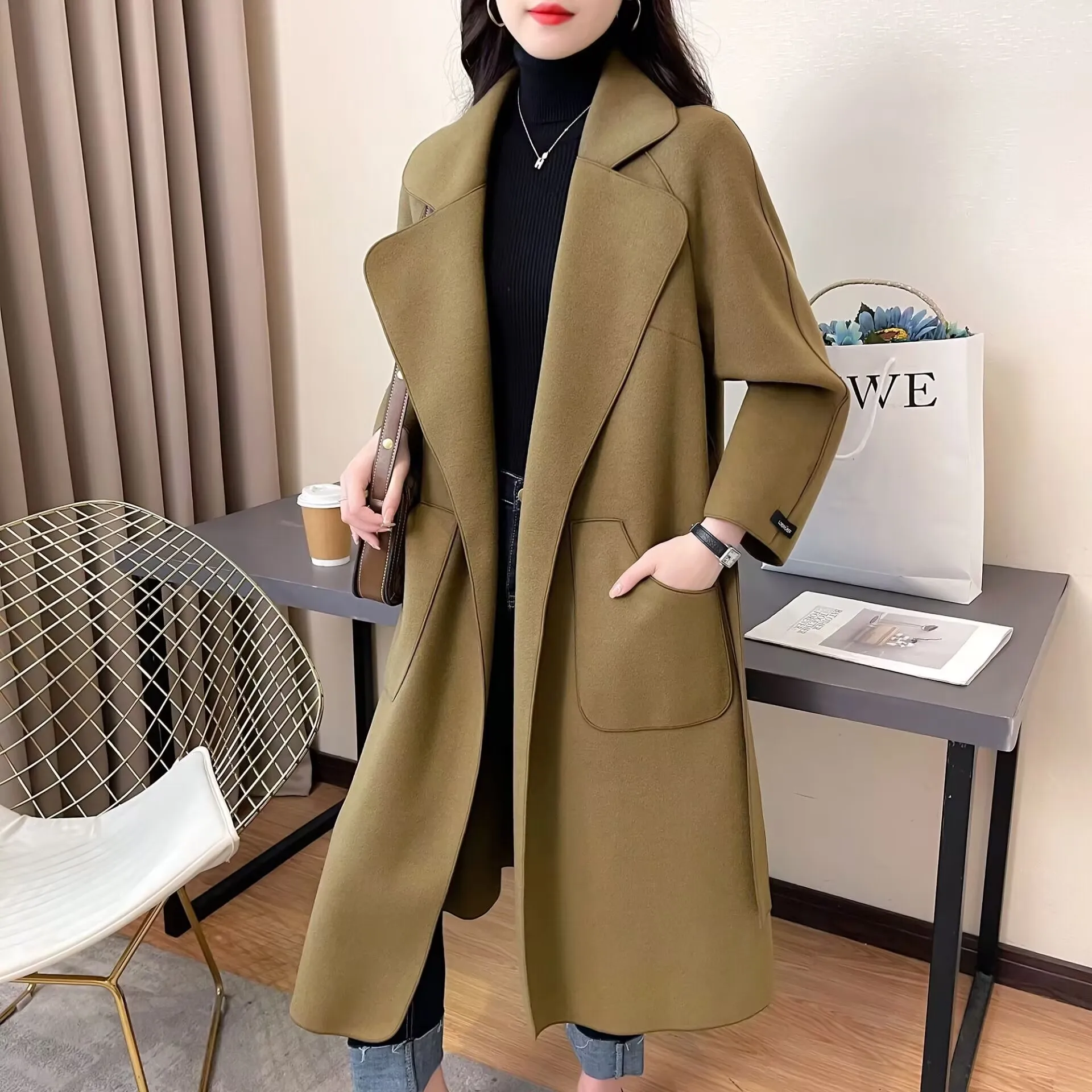 Cappotto di lana double face di alta qualità Giacca di cashmere Lace-Up Autunno Inverno Lungo e sottile Trench moda Capispalla femminile 2025 Ne 2