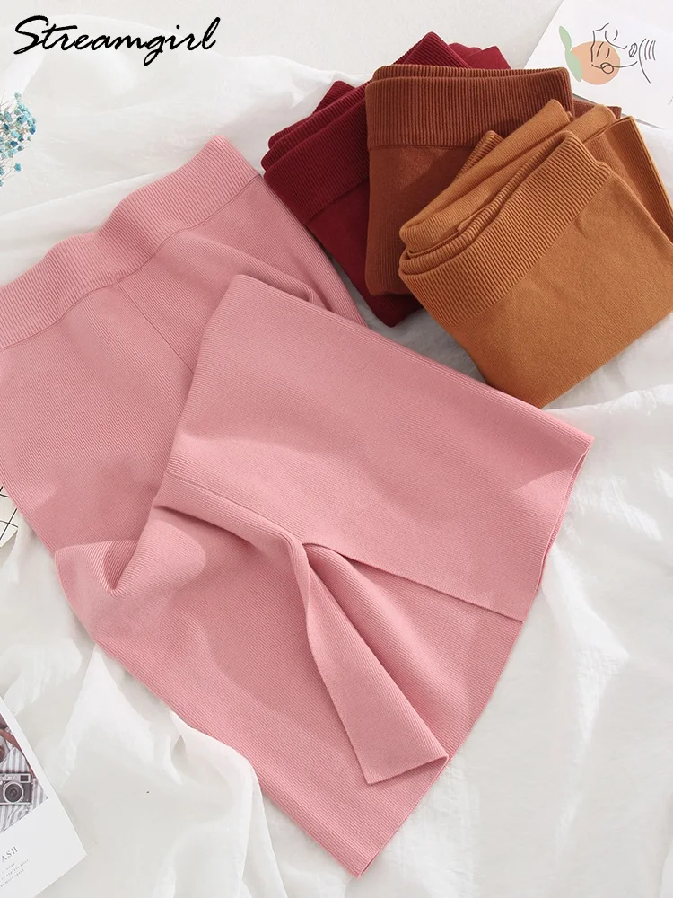 Gonne lunghe lavorate a maglia blu donna 2023 fasciatura primaverile gonna a trapezio divisa a vita alta matita aderente donna gonne Midi lavorate a maglia Maxi 5