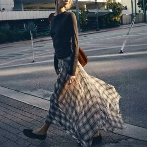 Gonna longuette a quadri fluenti 2025 Primavera Estate Nuova gonna lunga retrò Vacanza al mare Abbigliamento casual marrone da donna 1